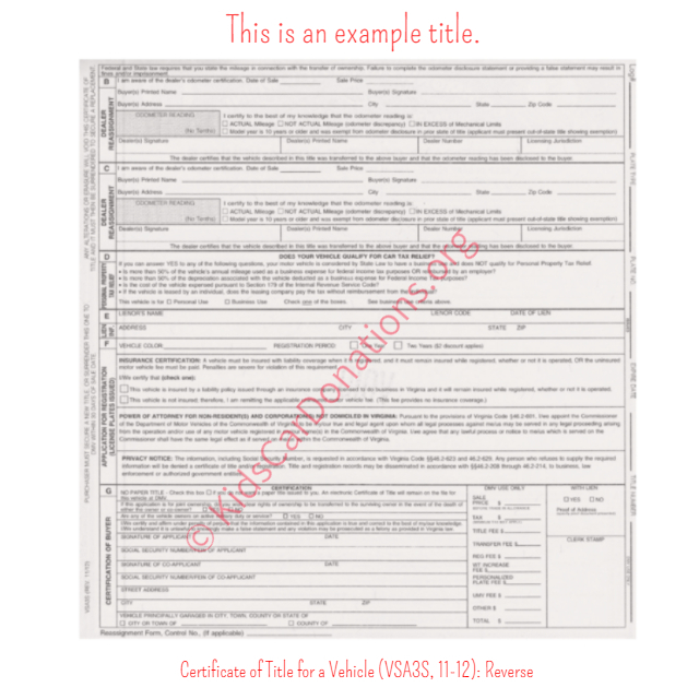 This is an Example of Virginia Certificate of Title for a Vehicle (VSA3S, 11-12) Reverse View | Kids Car Donations